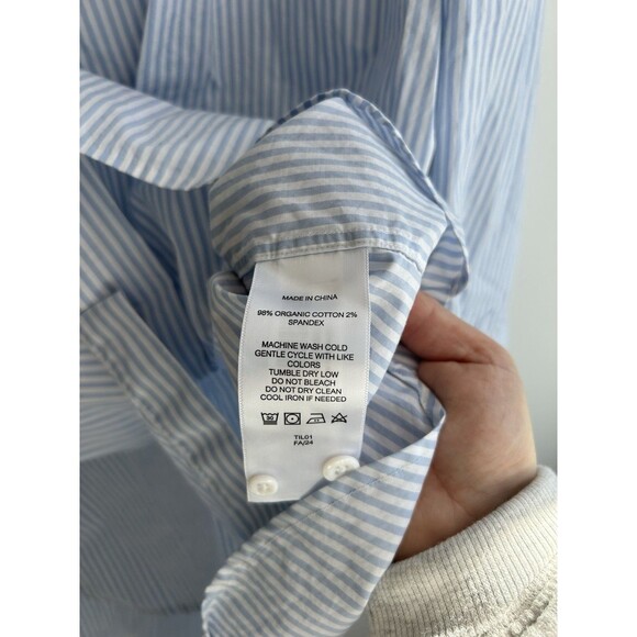 Quince Men Organic Cotton Stretch Poplin Dress Shirt Light Blue White Stripe XL - Picture 5 of 9